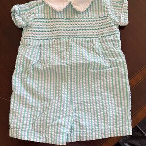 Striped Seersucker Baby Romper with Peter Pan Collar - Mint & White